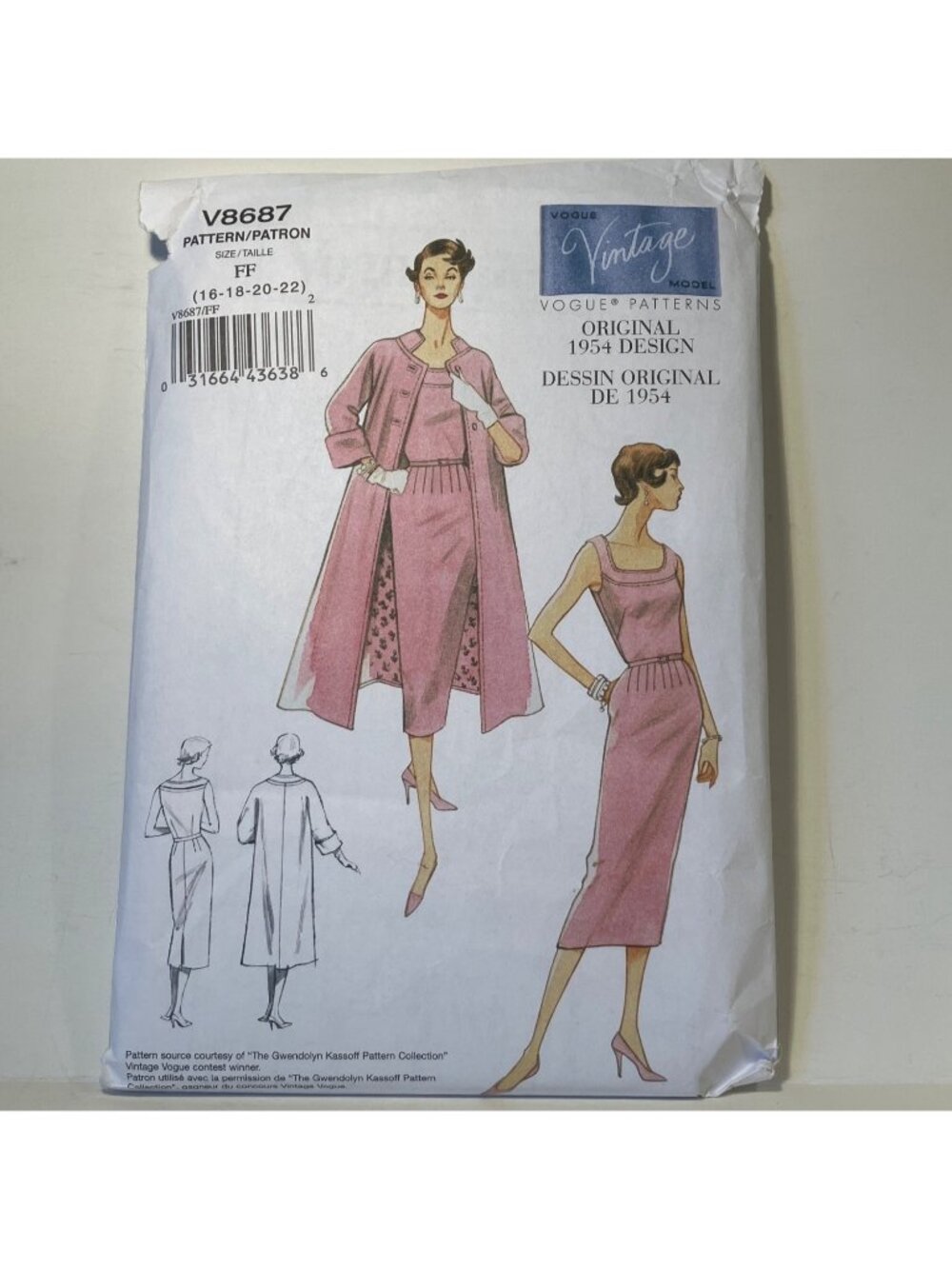 Vogue V8687  Sz 16-22 1950s Vintage Reprint  Dress Belt Coat Sewing Pattern
